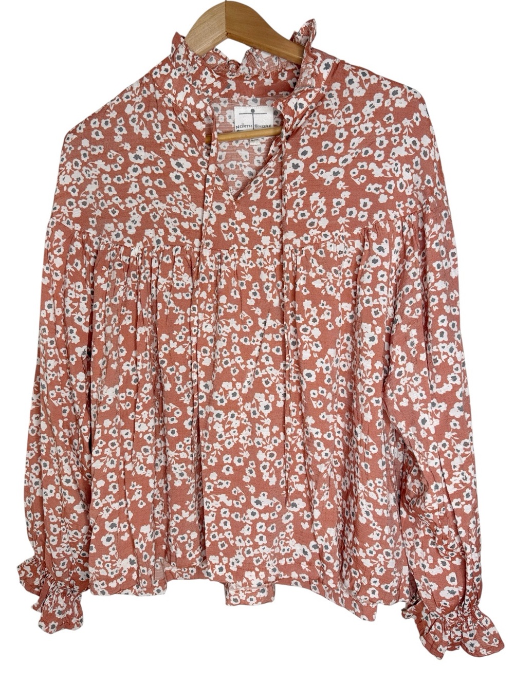 North Shore Vintage Orange/Rust Floral Long Sleeve V-neck Loose Blouse size S/M